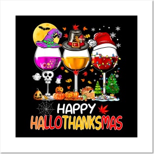 Happy Hallothanksmas Wine Glasses Wine Lover Shirt Posters and Art